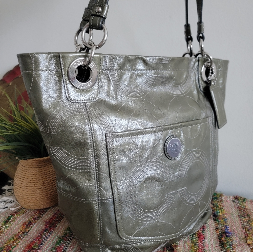 Coach Metallic Army Green Tote Bag - Picture 4 of 9
